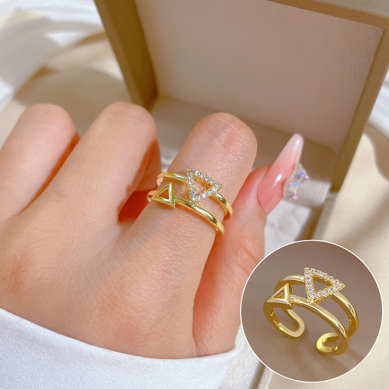 【Real Gold Plating】Open Triangle Women's Fashion Micro Inlay Light Luxury Ring Index Finger Ring Internet Celebrity Same Style Minimalist Style