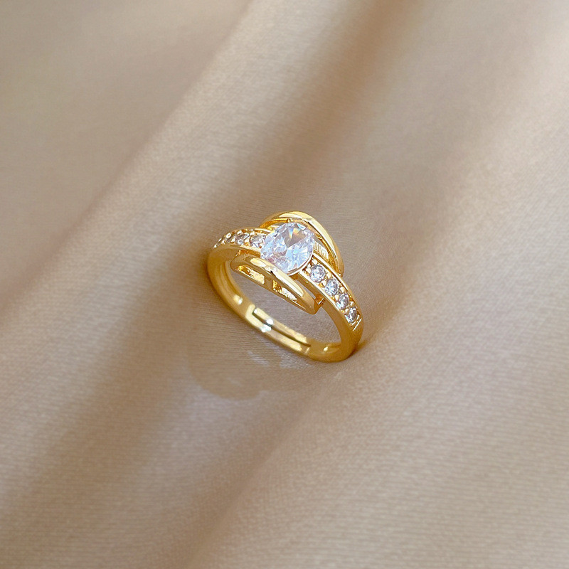 [Real Gold] Marquise Diamond Personality Ring Adjustable Open Simple Hand Jewelry Japanese Style Couple Rings