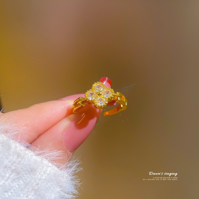 【Real Gold Plating】Open Ring for Women Lucky Clover Fashion Ring Index Finger Ring Internet Celebrity Same Style Simp...
