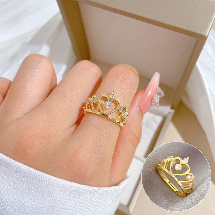 【Real Gold】Crown Hollow Fashion Ring Adjustable Open Simple Hand Jewelry Japanese Style Couple Rings