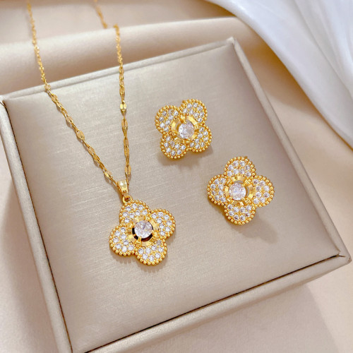 [Titanium Steel] Micro Inlaid Necklace and Earrings Set Light Luxury Micro Inlaid Four-Leaf Flower Elegant Party Earrings and Necklace Set