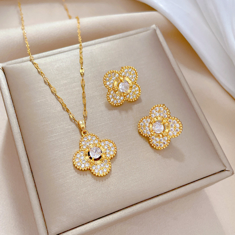 [Titanium Steel] Micro Inlaid Necklace and Earrings Set Light Luxury Micro Inlaid Four-Leaf Flower Elegant Party Earrings and Necklace Set