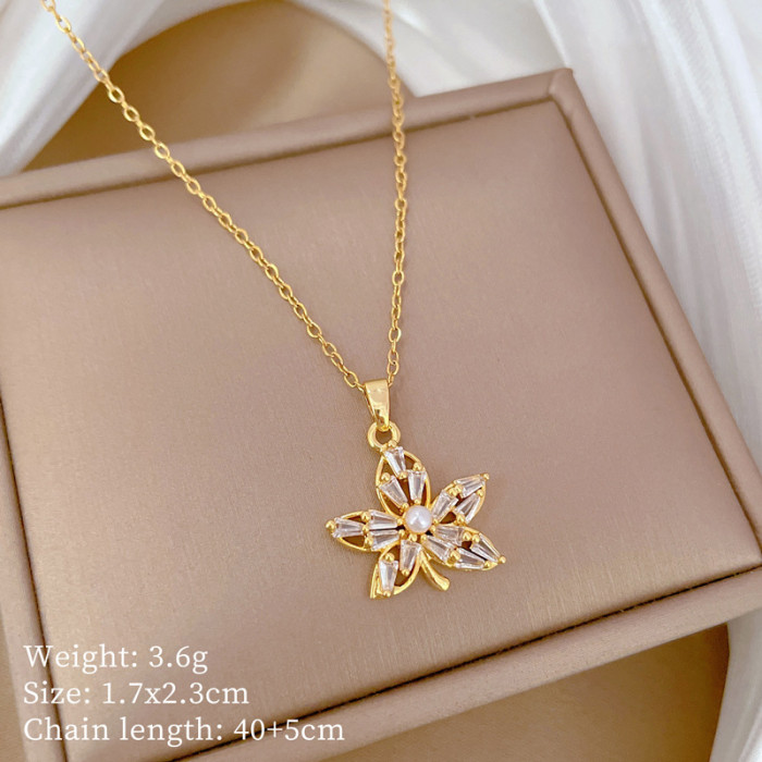 [Titanium Steel] Necklace and Earrings Set Light Luxury Fully Stone-Set Filigree Maple Leaf Personality Elegant Party Ea...