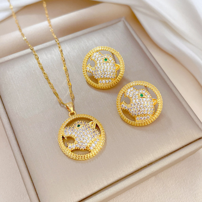 [Titanium Steel] Round Ring Leopard Head Necklace Earring Set Light Luxury Micro Inlay Personality Temperament Banquet Earrings Necklace Combination