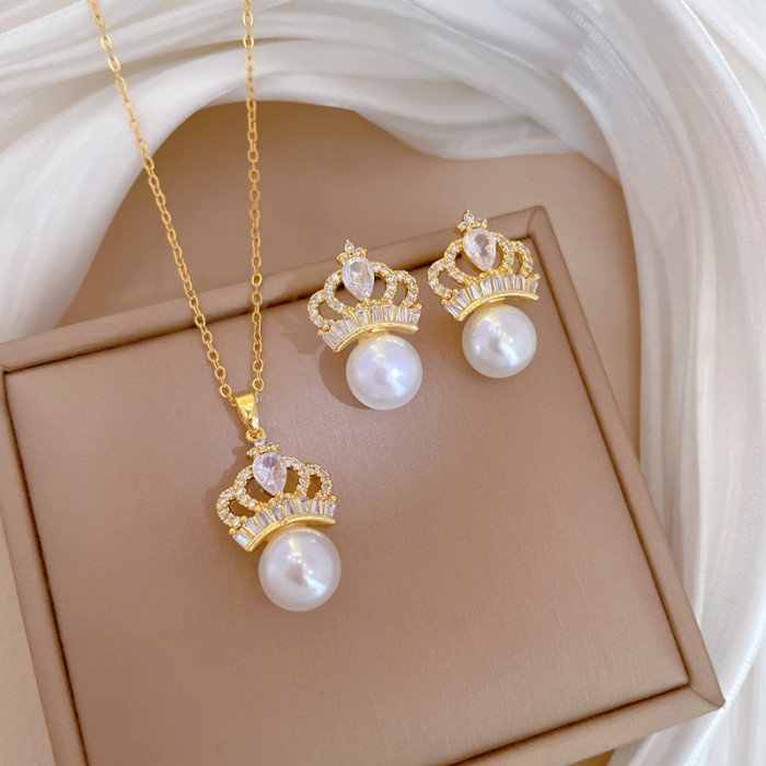 [Titanium Steel] Necklace and Earring Set Light Luxury Full Diamond Pearl Crown Personality Elegant Party Earrings Ne...