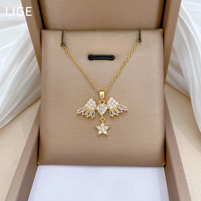 [Titanium Steel] Necklace and Earrings Set Light Luxury Full Diamond Five-Pointed Star Wings Personality Elegant Party Earrings Necklace Set