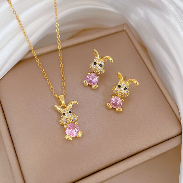 [Titanium Steel] Necklace and Earring Set Light Luxury Curved Ear Rabbit Full Diamond Personality Elegant Party Earrings Necklace Set