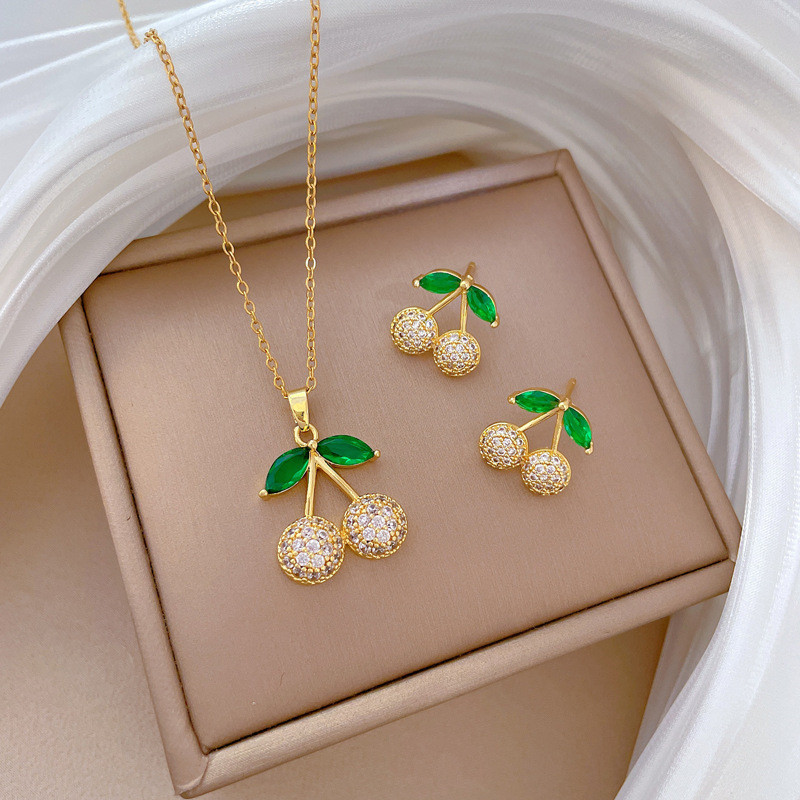 [Titanium Steel] Green Leaf Cherry Necklace and Earring Set Light Luxury Micro Inlay Personality Temperament Banquet Earrings Necklace Combination