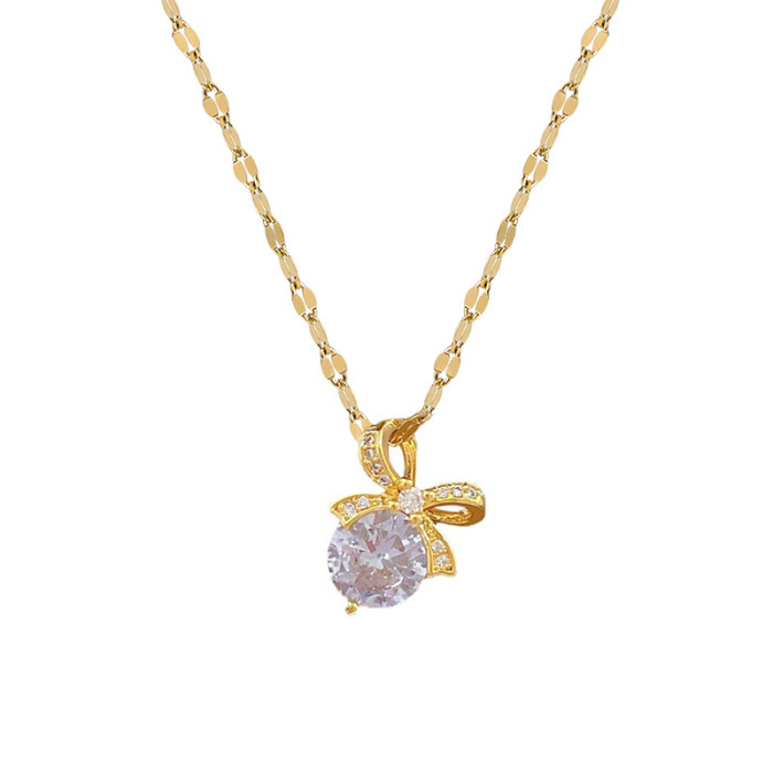 [Titanium Steel] Micro Inlaid Necklace and Earrings Set Light Luxury Bowknot Personality Temperament Banquet Earrings...