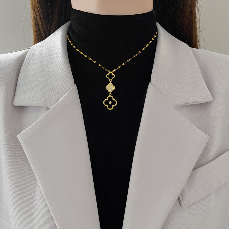 [Titanium Steel] Tassel Lucky Clover Micro Inlaid Necklace and Earrings Set Light Luxury Personality Temperament Earrings Necklace Combination