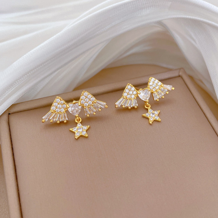 [Titanium Steel] Necklace and Earrings Set Light Luxury Full Diamond Five-Pointed Star Wings Personality Elegant Party Earrings Necklace Set