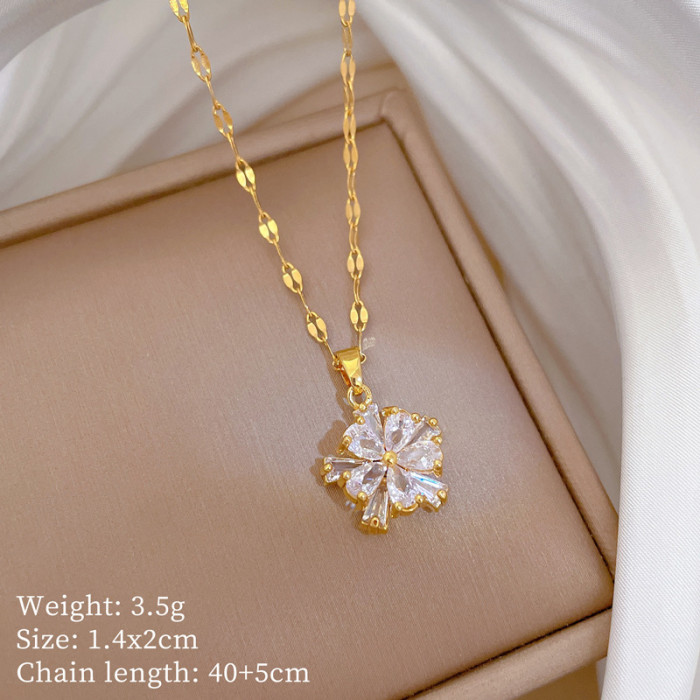 [Titanium Steel] Double Layer Flower Necklace Earrings Set Light Luxury Micro Inlaid Personality Temperament Banquet...