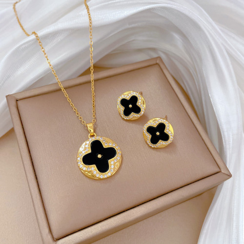 [Titanium Steel] Necklace and Earring Set Light Luxury Full Diamond Four-Leaf Flower Zircon Personality Elegant Party Earrings Necklace Set