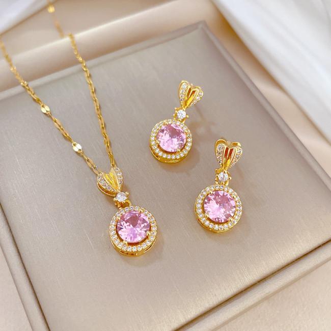 [Titanium Steel] Heart Round Necklace and Earrings Set Light Luxury Micro Inlay Personality Temperament Banquet Earri...