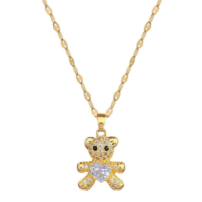 [Titanium Steel] Bear Micro Inlay Necklace and Earrings Set Light Luxury Micro Inlay Personality Temperament Banquet...