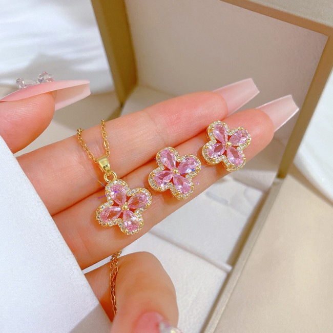 【Titanium Steel】Four-Leaf Flower Necklace and Earrings Set, Light Luxury Micro-Inlaid, Unique and Elegant Party Earrings and Necklace Combination