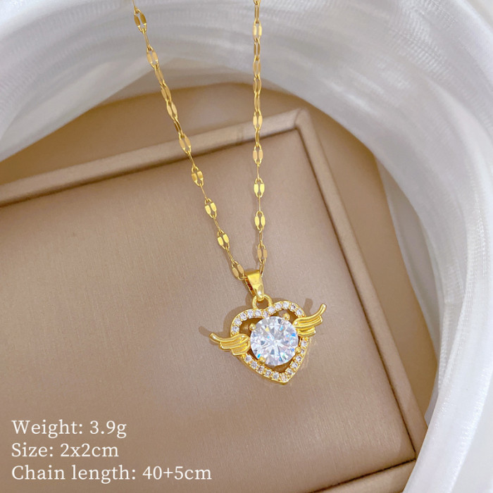 [Titanium Steel] Heart Wings Necklace and Earrings Set Light Luxury Micro Inlay Personality Temperament Banquet Earrings Necklace Combination