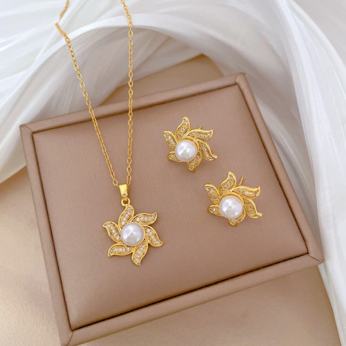 [Titanium Steel] Necklace and Earring Set Light Luxury Full Diamond Rotating Pearl Flower Personality Elegant Party Earrings Necklace Set