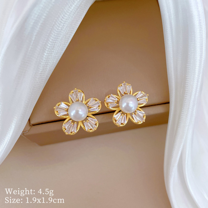 [Titanium Steel] Necklace and Earring Set Light Luxury Full Diamond Five-Leaf Flower Pearl Personality Temperament Ba...