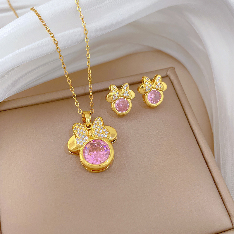 [Titanium Steel] Bow Cat Set Light Luxury Elegant Gorgeous Full Diamond Necklace for Women Versatile Collarbone Titanium Steel Chain