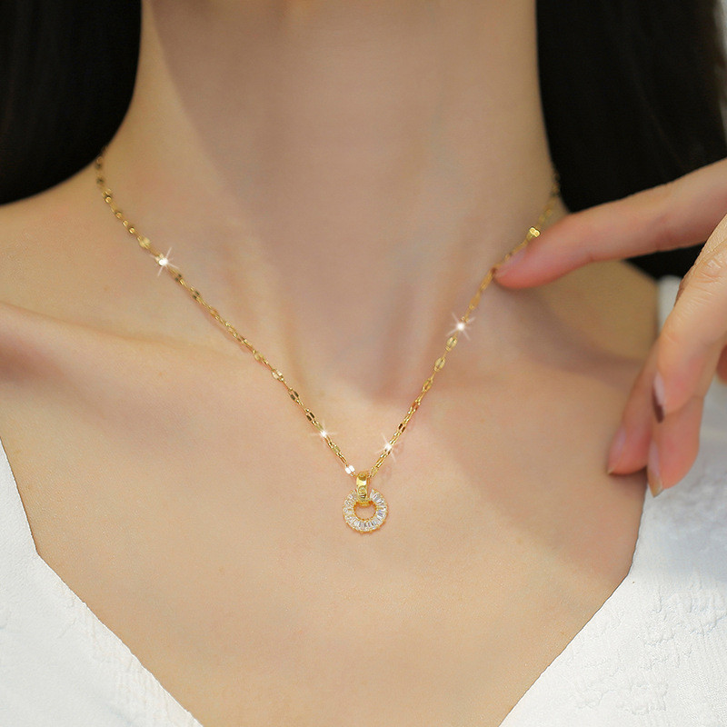 [Titanium Steel] Full Diamond Round Ring Necklace Earring Set Light Luxury Micro Inlay Personality Temperament Banquet Earrings Necklace Combination