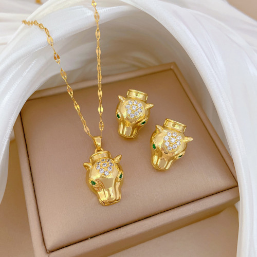 [Titanium Steel] Leopard Head Necklace and Earrings Set Light Luxury Micro Inlay Personality Temperament Banquet Earrings Necklace Combination