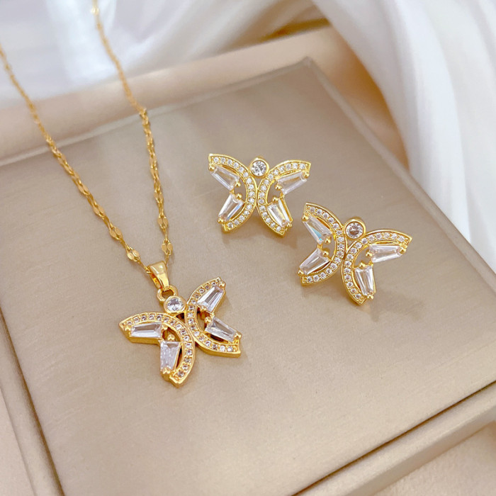 [Titanium Steel] Necklace and Earring Set Light Luxury Full Thread Butterfly Personality Elegant Party Earrings Neckl...