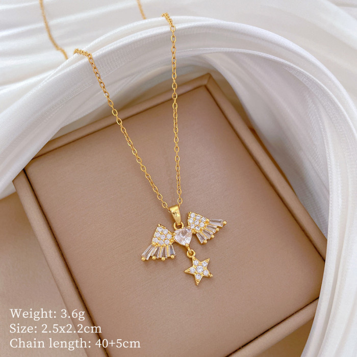[Titanium Steel] Necklace and Earrings Set Light Luxury Full Diamond Five-Pointed Star Wings Personality Elegant Party Earrings Necklace Set
