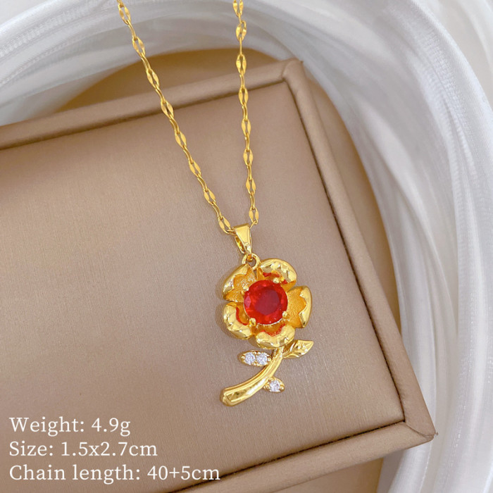 [Titanium Steel] Red Rose Flower Set Light Luxury Elegant Gorgeous Fully Stone-Set Necklace for Women Versatile Collarbo...