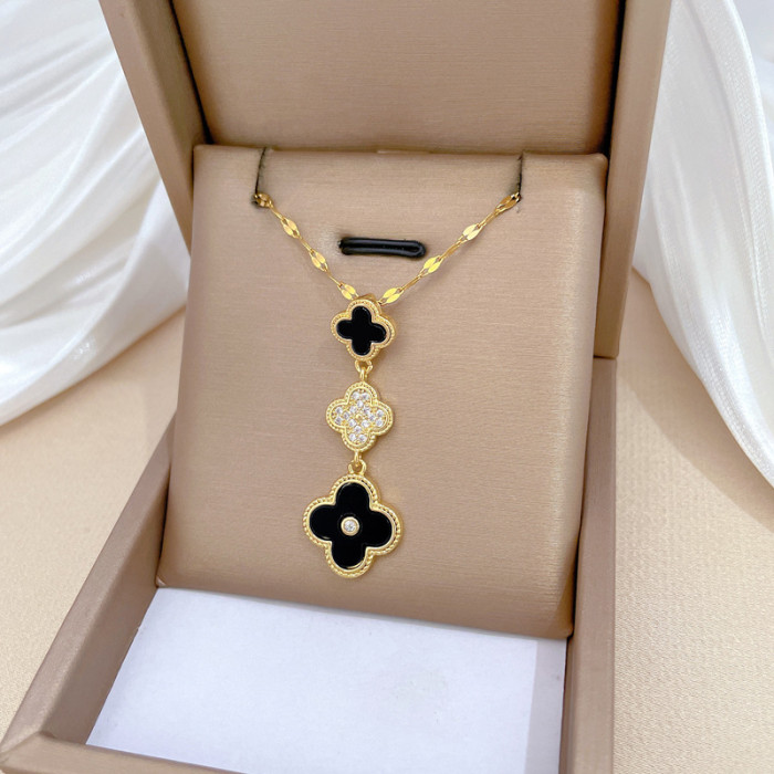 [Titanium Steel] Tassel Lucky Clover Micro Inlaid Necklace and Earrings Set Light Luxury Personality Temperament Earr...
