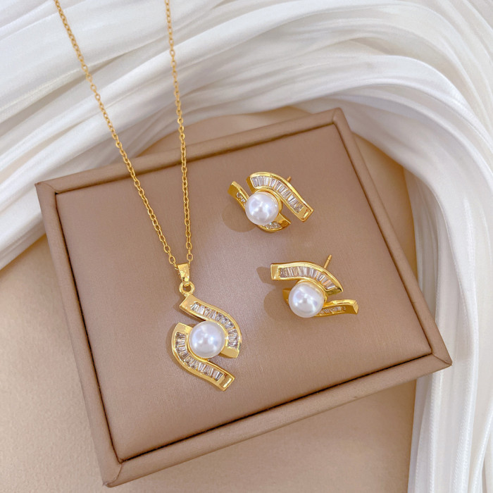 [Titanium Steel] Necklace and Earring Set Light Luxury Full Diamond Pearl Irregular Zircon Personality Temperament Ba...