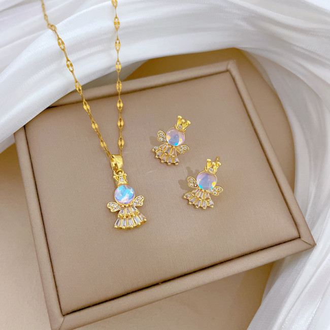 [Titanium Steel] Angel Aurora Necklace and Earrings Set Light Luxury Micro Inlay Personality Temperament Banquet Earr...