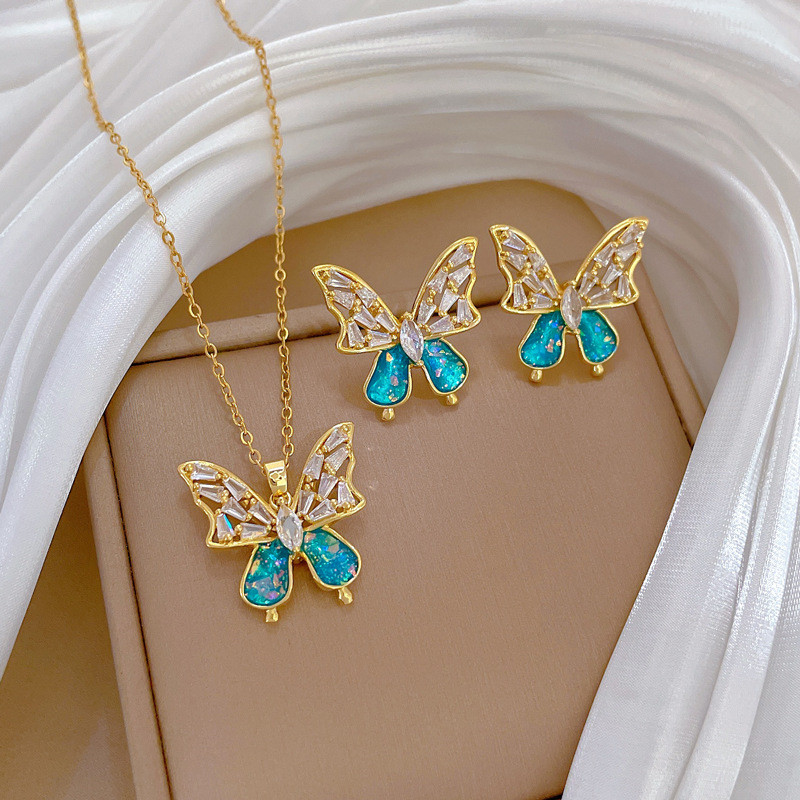 [Titanium Steel] Necklace and Earrings Set Light Luxury Full Diamond Blue Bowknot Personality Elegant Party Earrings Necklace Set