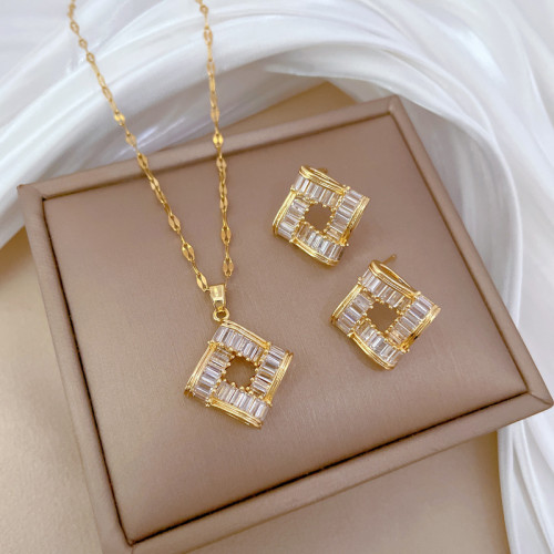 [Titanium Steel] Necklace and Earring Set Light Luxury Full Diamond Geometric Square Personality Temperament Banquet Earrings Necklace Set