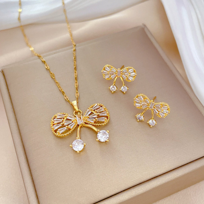 [Titanium Steel] Micro Inlaid Necklace and Earrings Set Light Luxury Micro Inlaid Butterfly Personality Elegant Party...