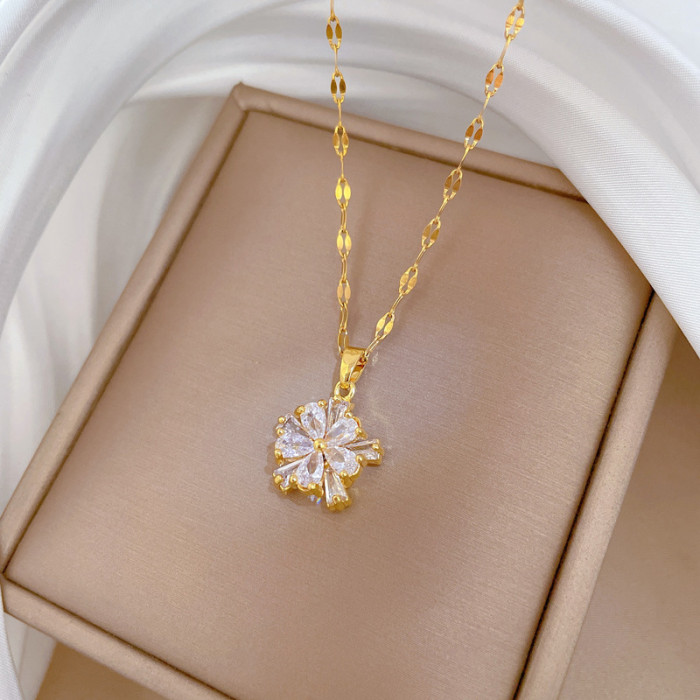 [Titanium Steel] Double Layer Flower Necklace Earrings Set Light Luxury Micro Inlaid Personality Temperament Banquet...