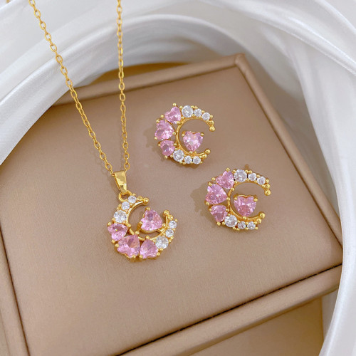 [Titanium Steel] Moon Heart Zircon Set Light Luxury Rhombus Pendant Personality Temperament Banquet Earrings Necklace Set