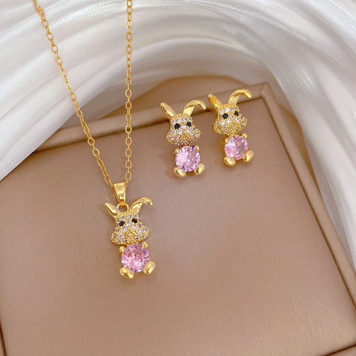 [Titanium Steel] Necklace and Earring Set Light Luxury Curved Ear Rabbit Full Diamond Personality Elegant Party Earrings Necklace Set
