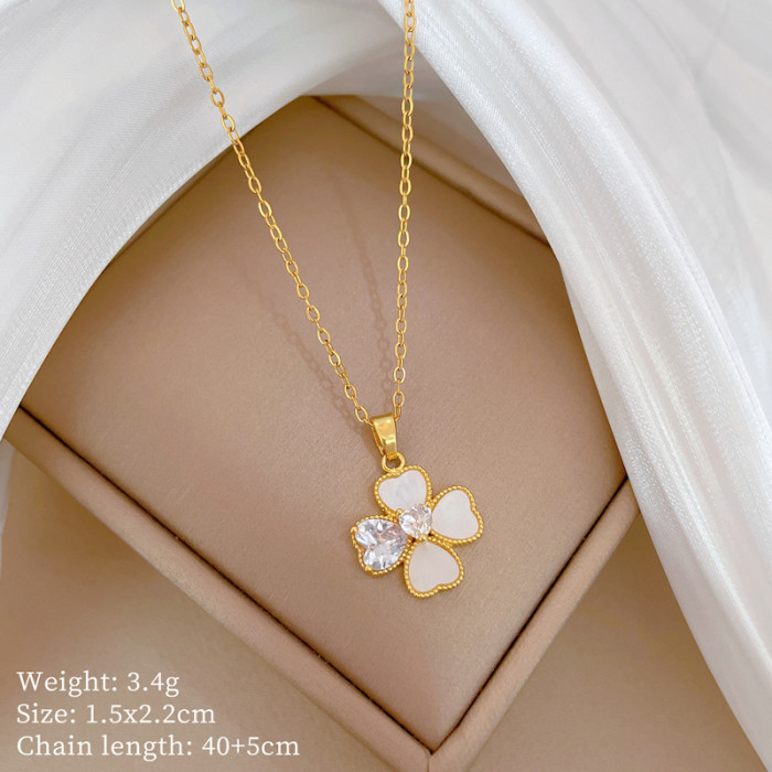 [Titanium Steel] Necklace and Earring Set Light Luxury Fully Stone-Set Shell Four-Leaf Flower Personality Temperament Ba...