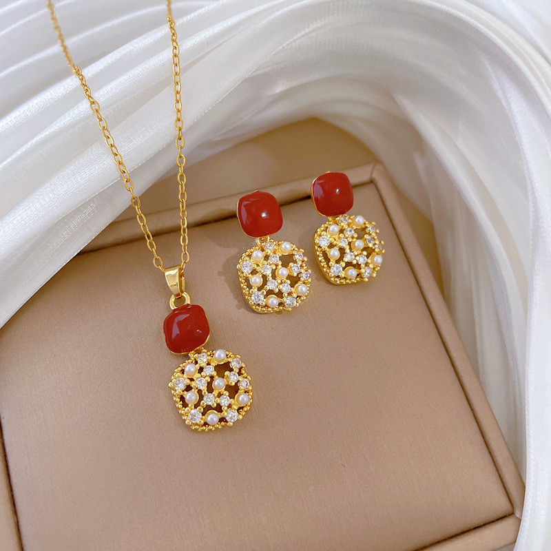 [Titanium Steel] Necklace and Earring Set Light Luxury Full Diamond Oil Drop Square Personality Elegant Party Earrings Necklace Set