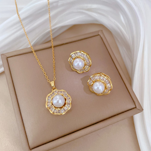 [Titanium Steel] Necklace and Earring Set Light Luxury Heavy Craft Pearl Full Diamond Personality Temperament Banquet Earrings Necklace Set