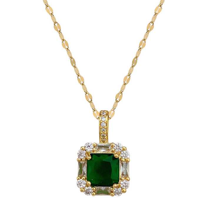 [Titanium Steel] Necklace and Earring Set Light Luxury Fully Stone-Set Green Square Personality Temperament Banquet Earr...
