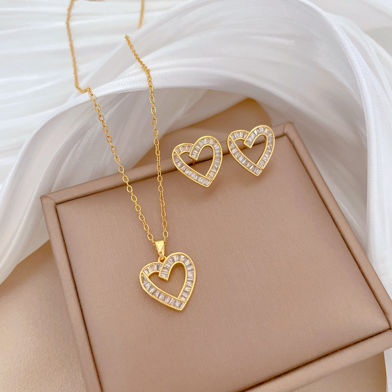 [Titanium Steel] Necklace and Earring Set Light Luxury Full Diamond Heart Cubic Zirconia Personality Elegant Party Earrings Necklace Set