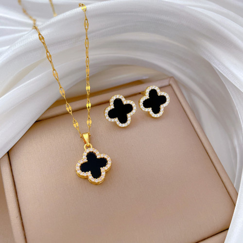 [Titanium Steel] Lucky Clover Necklace and Earring Set Light Luxury Micro Inlay Personality Temperament Banquet Earrings Necklace Combination
