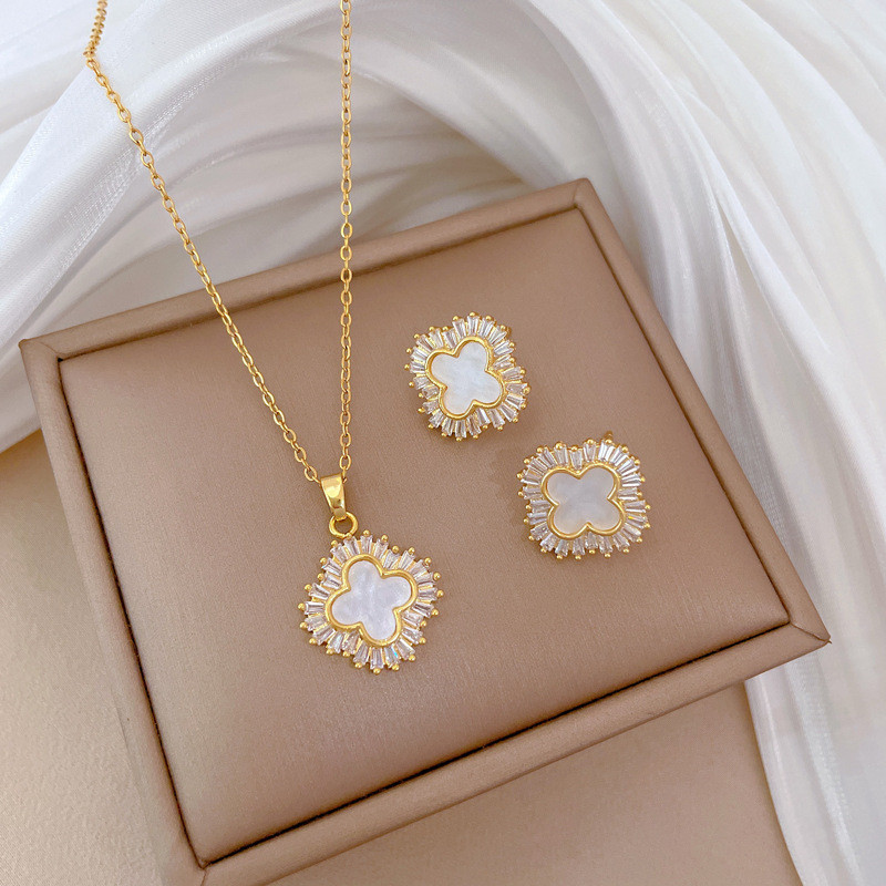 [Titanium Steel] Necklace and Earring Set Light Luxury Full Diamond Lucky Four-Leaf Flower Elegant Party Earrings Necklace Set