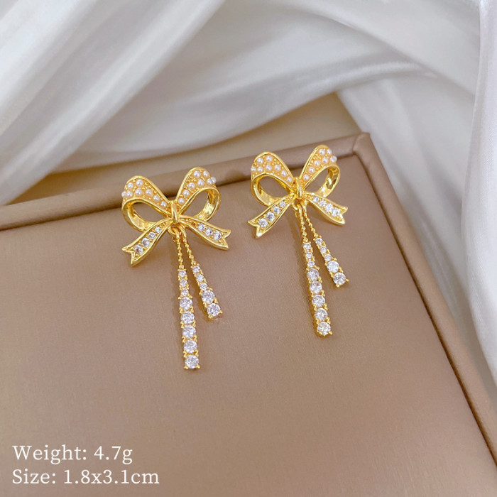 [Titanium Steel] Necklace and Earring Set Light Luxury Fully Stone-Set Bow Tassel Personality Elegant Party Earrings Nec...