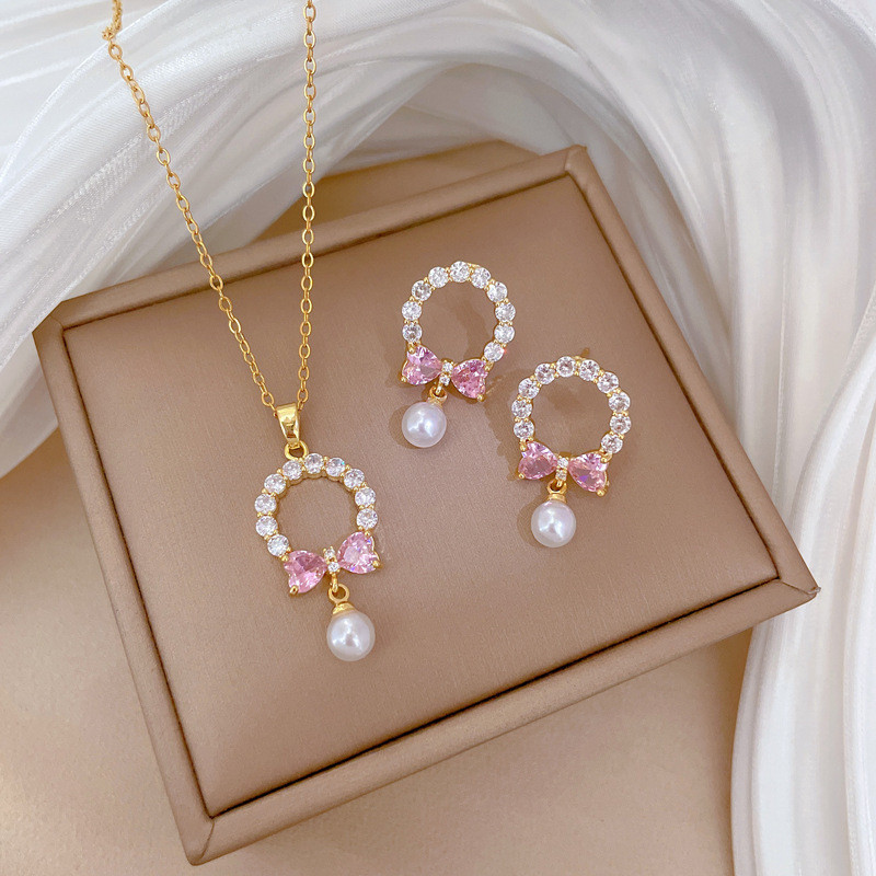 [Titanium Steel] Necklace and Earring Set Light Luxury Bowknot Pearl Full Diamond Personality Elegant Party Earrings Necklace Set