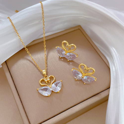 [Titanium Steel] Mandarin Duck Playing in Water Necklace and Earrings Set Light Luxury Micro Inlaid Personality Temperament Banquet Earrings Necklace Combination