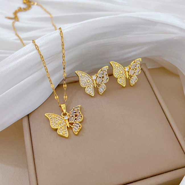 [Titanium Steel] Butterfly Micro Inlaid Necklace Earrings Set Light Luxury Micro Inlaid Personality Temperament Banqu...