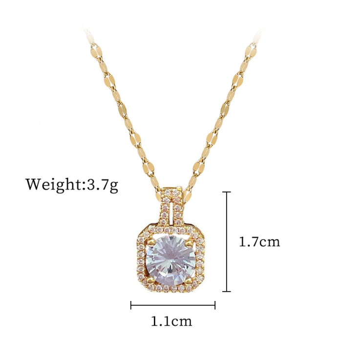 [Titanium Steel] Micro Inlaid Necklace and Earrings Set, Light Luxury Square Fully Stone-Set Personality Temperament Ban...